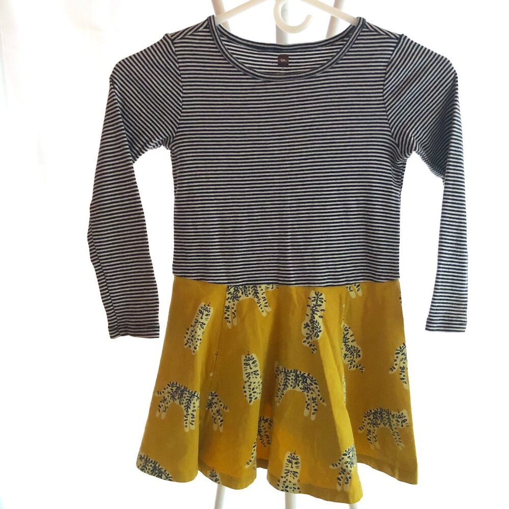 TEA COLLECTION NAMASTE NEPAL TWIRL DRESS GIRLS STRIPES CATS SIZE 7 NWOT